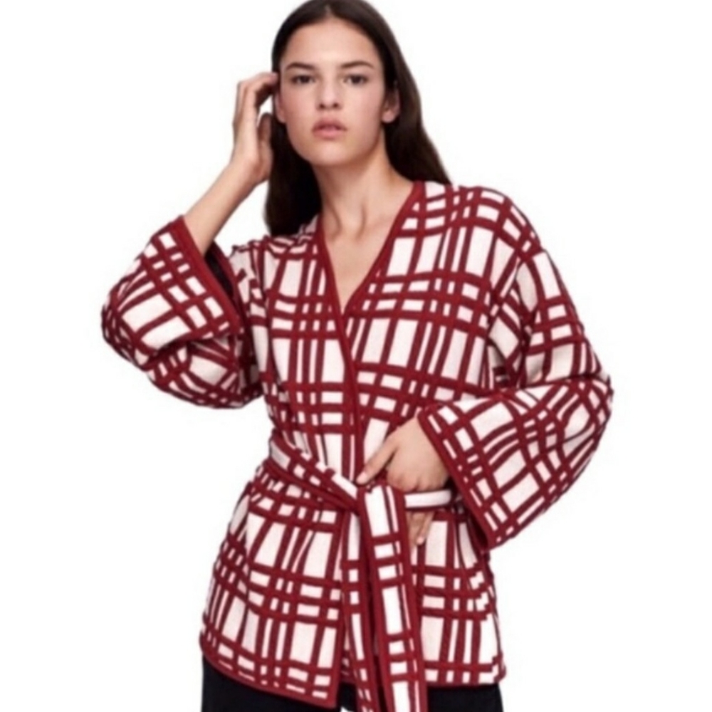 Zara Belted Kimono Quilted piped plaid wrap coat sm (4-6) red & ivory